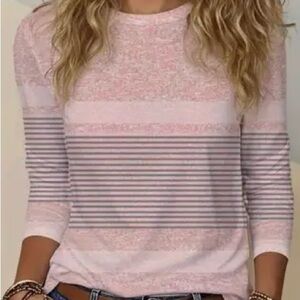 Women's Pink Striped Long Sleeve Crewneck Top